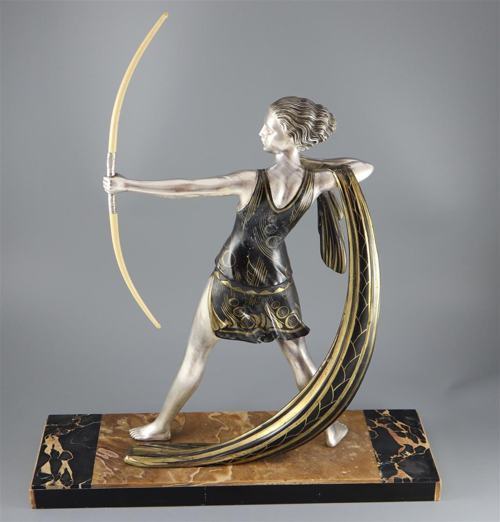 Lucien Gibert (1904-1988) - an Art Deco silvered spelter figure of a female archer, H. 26.5in. W. 22.5in.